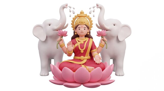 3D render of goddess lakshmi sitting on lotus with two elephants spraying water, traditional hindu deity concept isolated on plain white background