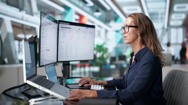 Quality Manager Reviewing Audit Reports On Laptop For Regulatory Compliance