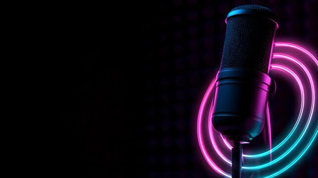 Professional condenser microphone with neon glowing circles on a dark background for podcasting and music recording