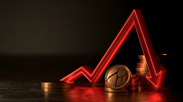 Economic Collapse and Financial Crisis Concept with a Glowing Red Downward Trend Arrow and Cracked Gold Coins