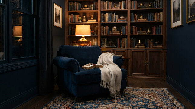 Cozy blue velvet armchair with an open book and throw blanket in a dark library reading nook