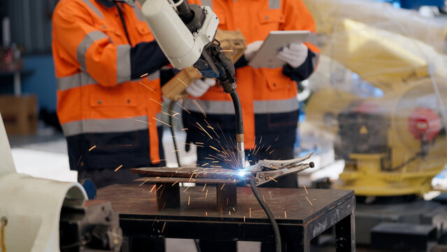 Close-up Robot torch welding sparks on clamped steel fixture. Welding robot commissioning before delivery. quality assurance, robotic arm.