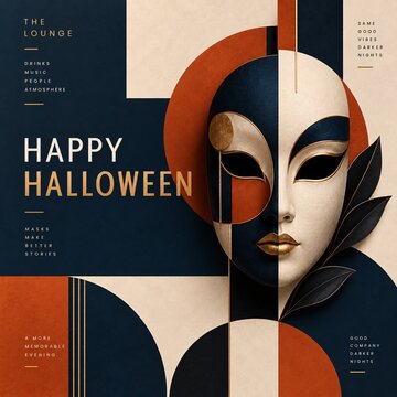 Modern halloween flyer template showcasing an artistic split mask against geometric orange