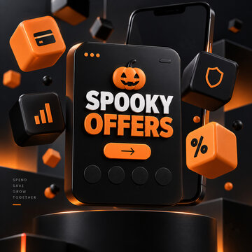 Smartphone device showing spooky offers with orange pumpkin icon and floating digital cubes