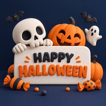 Clay craft halloween sign featuring a skeleton head and jack o lantern pumpkin with flying bat
