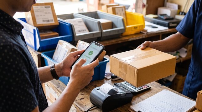 Customer scanning smartphone to confirm package pickup at bustling post office counter filled with cardboard delivery boxes and shipping supplies