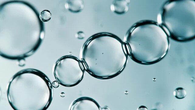 Transparent bubbles suspended in clear blue liquid forming an abstract macro background for skincare, hydration, cosmetic science, and beauty formulations