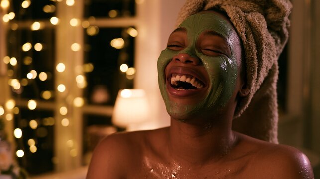 Close-up of a woman laughing while applying a green face mask in her bathroom mirror, water
