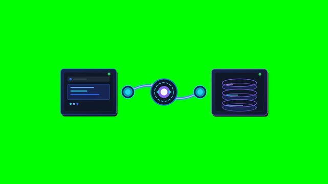 Premium 2.5D digital motion icon showing two software systems establishing an API connection through a dynamic communication bridge, synchronized handshake and two-way data exchange on a clean green s