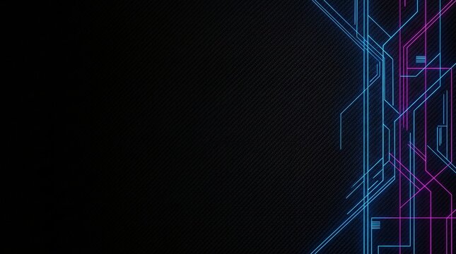 Abstract cyberpunk neon circuit traces on dark carbon fiber texture for minimalist tech desktop wallpaper