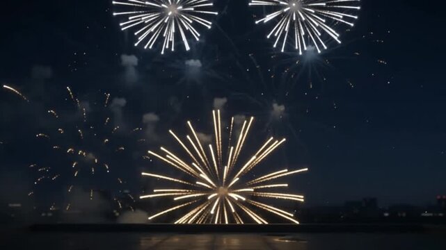 Bright fireworks exploding in the night sky over a calm body of water celebrating a festive occasion with dazzling light displays