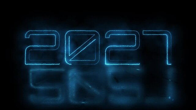 2027 Text Neon Line Electric Motion Illuminates To New Year Eve.