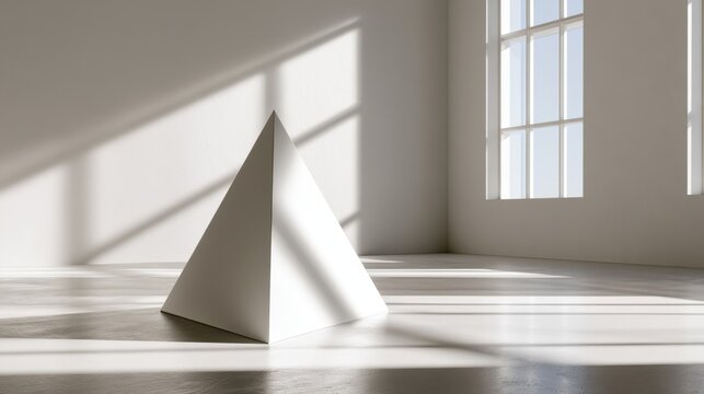 Minimal White Pyramid in Sunlit Modern Interior with Geometric Shadows