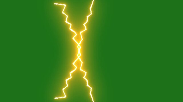 Realistic blue lightning strike animation with glowing plasma arcs, electric thunder burst, dynamic energy discharge and storm flash effects on green background for 4k video