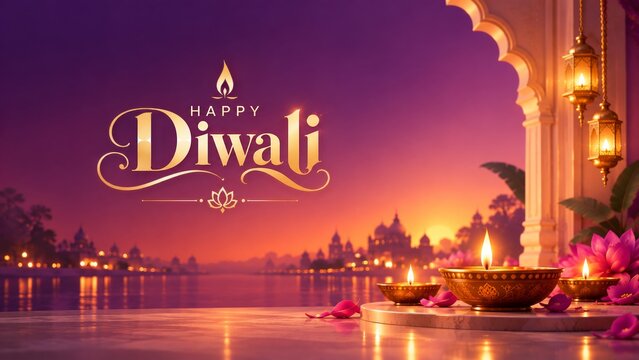     Diwali Festival Product Display Podium with Gift Boxes, Diyas, Flowers and Traditional Indian Sunset Background