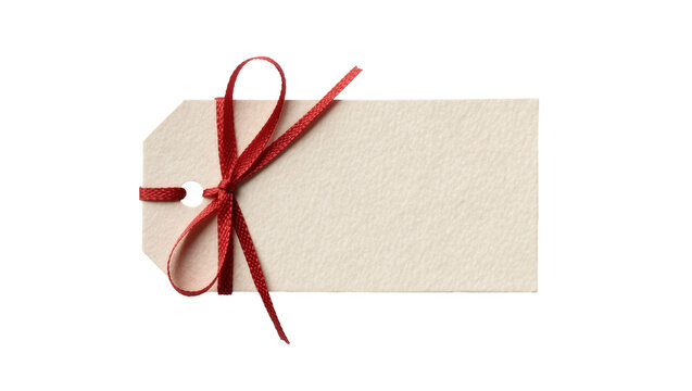 Blank beige paper gift tag with red ribbon bow, isolated on transparent background