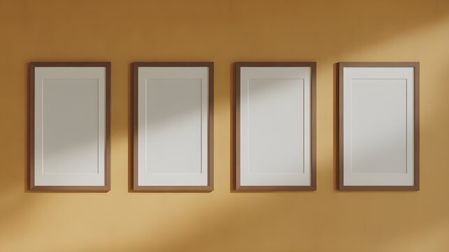 Four empty wooden picture frames hanging on a warm yellow wall with soft sunlight shadows
