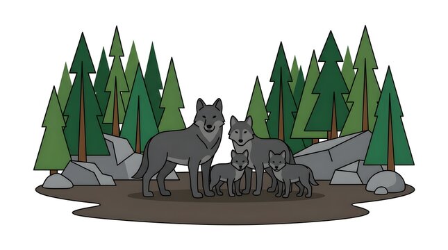 Group of illustrated wolves standing together in a dense pine forest with mountains and natural scenery.