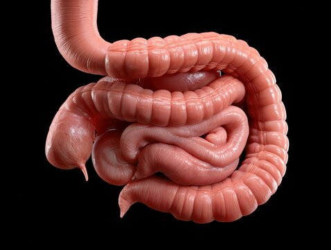 Ultra realistic human digestive system anatomy featuring esophagus, stomach, liver, gallbladder, pancreas, small intestine, large intestine, and rectum against a black background