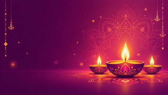 Diwali Festival Background with Glowing Diyas, Mandala Pattern, Purple Gradient and Elegant Indian Decorative Design