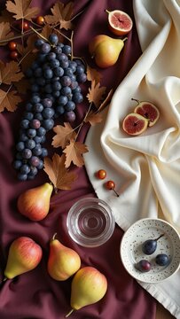Autumn flat lay with fresh grapes, figs, pears, berries and red wine surrounded by colorful leaves. Elegant seasonal food composition with generous copy space for menus, recipes and lifestyle designs