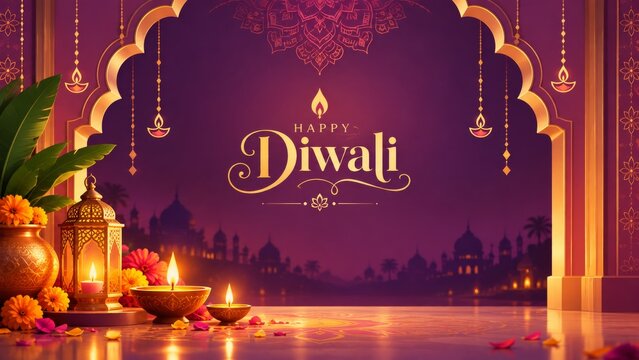 Happy Diwali Greeting Banner with Traditional Diyas, Indian Arch, Lanterns, Flowers and Temple Silhouette