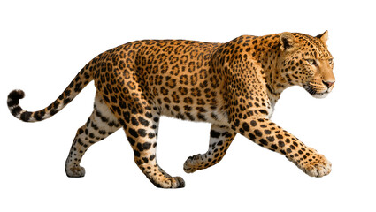 Spotted leopard with tan and black fur walking, isolated on transparent background © iPNGi