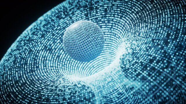 Grid round hole and digital sphere background, 3d rendering.