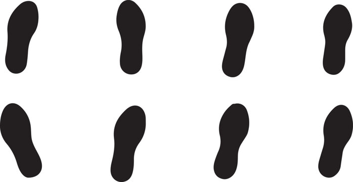 Set of isolated black shoe print icons representing human footsteps in motion