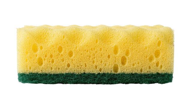 Yellow sponge with green abrasive side, isolated on transparent background