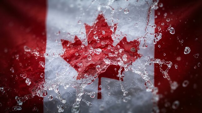 Dynamic Canadian flag with a vibrant red maple leaf, water splashing across the national symbol, patriotic imagery for Canada Day celebrations and national pride