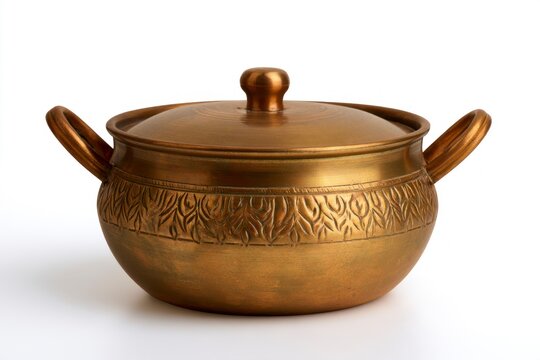 Traditional Handcrafted Copper Cooking Pot with Lid and Decorative Etching Isolated on White Background