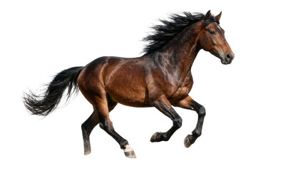 Brown horse with flowing mane and tail galloping dynamically, isolated on transparent background © iPNGi