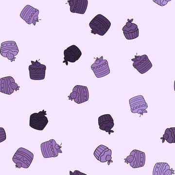 Seamless Pattern With Purple And Violet Dessert Illustrations On Pastel Background Motif Scatter