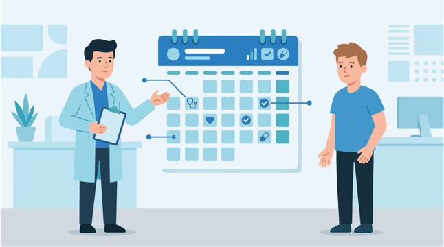 Male doctor and patient looking at a generic health calendar showing routine checkup reminders, minimalist 2d flat vector illustration, Blue November: prostate cancer awareness and prevention