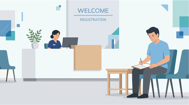 Man filling out a generic health questionnaire before a medical appointment, modern clinic reception, simple furniture, 2d vector, Blue November: prostate cancer awareness and prevention