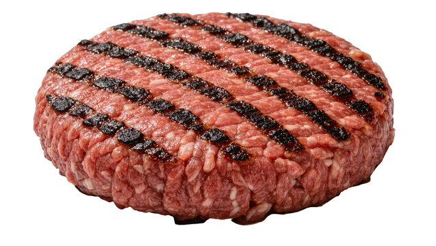 Raw beef burger patty with grill marks, isolated on transparent background