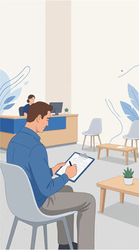 Man filling out a generic health questionnaire before a medical appointment, modern clinic reception, simple furniture, 2d vector, Blue November: prostate cancer awareness and prevention