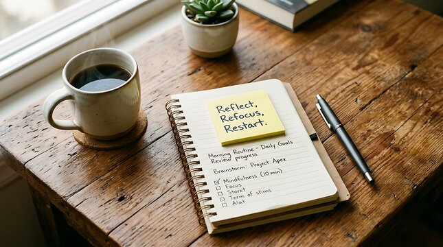 Open notebook with sticky note and coffee cup on a rustic wooden table for morning planning and daily goal setting