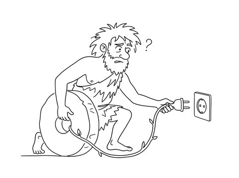 Confused caveman trying to plug a stone wheel into a modern wall socket line art