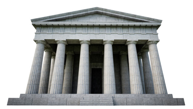 Grand stone neoclassical building with Doric columns, isolated on transparent background