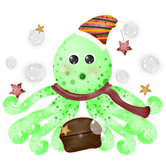 ​A festive green octopus sticker wearing a Santa hat and scarf, holding a small treasure chest, surrounded by bubbles and stars. © Sirilak