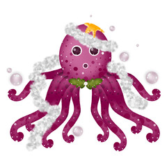 ​Shocked purple octopus sticker with white tinsel, green bow, and gold star crown, on a transparent background. © Sirilak