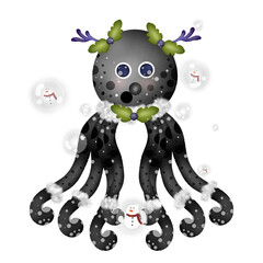 ​A festive, cute black octopus sticker with reindeer antlers, white tinsel, green holly, and bubbles. Isolated on a transparent background. © Sirilak