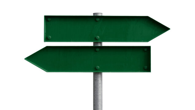 Two blank green directional signs pointing left and right, isolated on transparent background