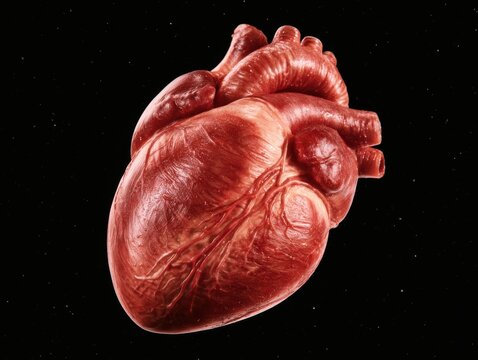 Ultra realistic human heart floating in space, showcasing detailed anatomical features including coronary arteries and veins, rendered with museum-grade medical accuracy and cinematic quality
