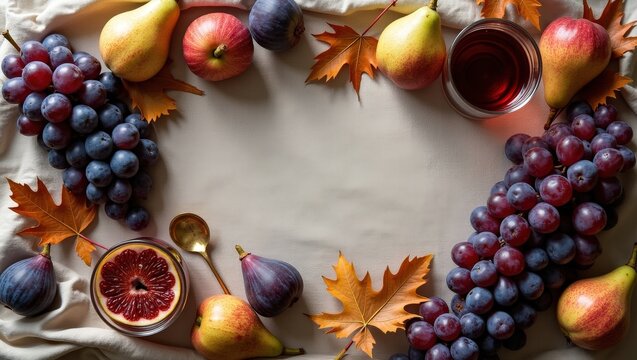 Autumn flat lay with fresh grapes, figs, pears, berries and red wine surrounded by colorful leaves. Elegant seasonal food composition with generous copy space for menus, recipes and lifestyle designs