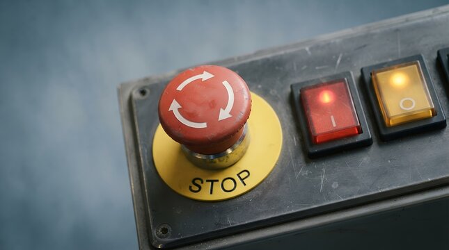 Industrial emergency stop button, a crucial safety control panel element. Red stop button with circular arrows, illuminated warning lights, and a rugged metallic texture