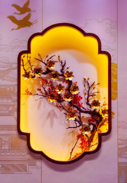 A decorative panel, artwork combines elements of traditional Asian art with modern craftsmanship