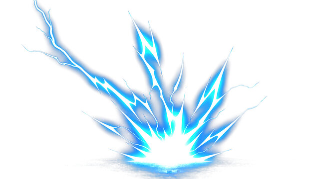 Vibrant blue electric lightning bolt burst with glowing cyan energy sparks and sharp jagged edges, isolated on transparent background for game UI